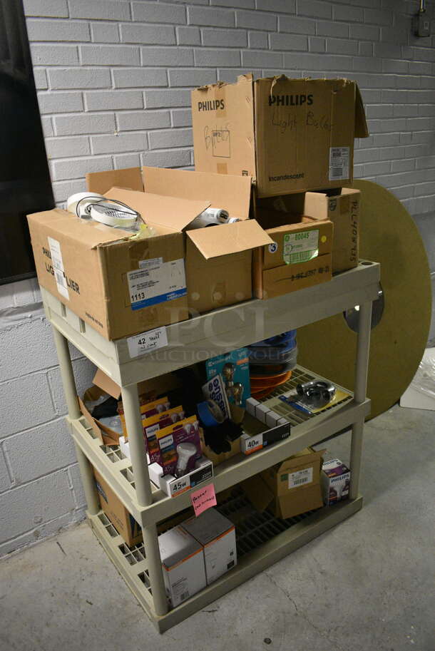 ALL ONE MONEY! Lot of Various Lightbulbs on Tan Poly 3 Tier Shelving Unit! 36x24x39 - Image 2 of 8