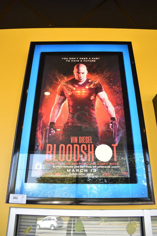 Black Metal Wall Mount Lighted Movie Poster Sign w/ Vin Diesel Bloodshot Movie. 35x7x50.5. BUYER MUST REMOVE