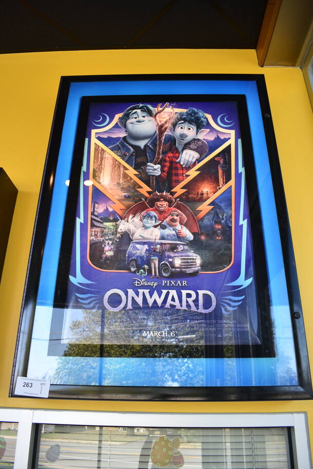 Black Metal Wall Mount Lighted Movie Poster Sign w/ Tom Holland, 
Chris Pratt Onward Movie. 35x7x50.5. BUYER MUST REMOVE