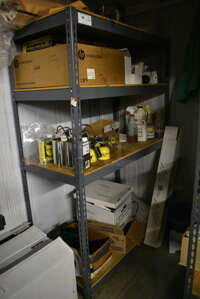 Gray Metal 4 Tier Shelving Unit w/ Contents. 48x24x72