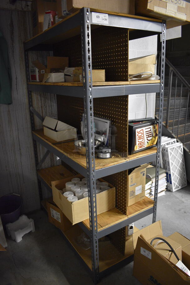 Gray Metal 5 Tier Shelving Unit w/ Contents. 48x24x72