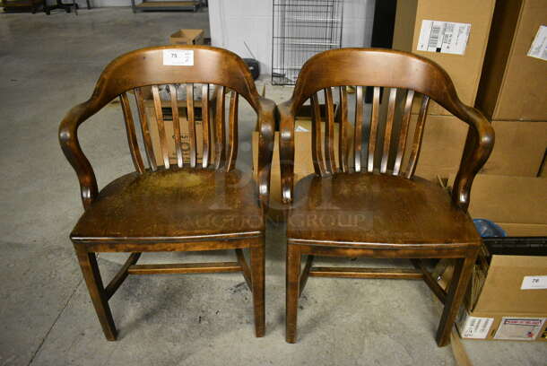 2 Wooden Dining Chairs w/ Arm Rests. 24x19x31. 2 Times Your Bid!
