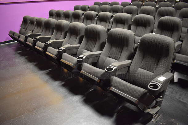 ALL ONE MONEY! Lot of One Row of 9 Gray Cinema / Movie Theater Seats! One Seat: 26x28x38. BUYER MUST REMOVE 