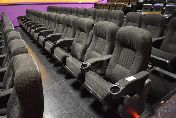 ALL ONE MONEY! Lot of One Row of 14 Gray Cinema / Movie Theater Seats! One Seat: 26x28x38. BUYER MUST REMOVE