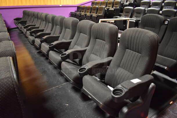 ALL ONE MONEY! Lot of One Row of 14 and One Row of 2 Gray Cinema / Movie Theater Seats! (Total of 16 Seats) One Seat: 26x28x38. BUYER MUST REMOVE
