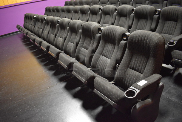 ALL ONE MONEY! Lot of One Row of 13 Gray Cinema / Movie Theater Seats! One Seat: 26x28x38. BUYER MUST REMOVE