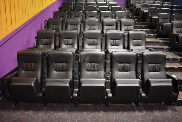 ALL ONE MONEY! Lot of Two Rows of 5 BRAND NEW Black Leather Style Cinema / Movie Theater Seats! (Total of 10 Seats) One Seat: 28x28x40. BUYER MUST REMOVE