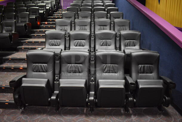 ALL ONE MONEY! Lot of Three Rows of 4 BRAND NEW Black Leather Style Cinema / Movie Theater Seats! (Total of 12 Seats) One Seat: 28x28x40. BUYER MUST REMOVE
