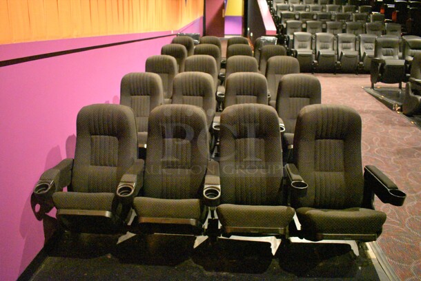 ALL ONE MONEY! Lot of Five Rows of 4 Gray Cinema / Movie Theater Seats! (Total of 20 Seats) One Seat: 26x28x38. BUYER MUST REMOVE
