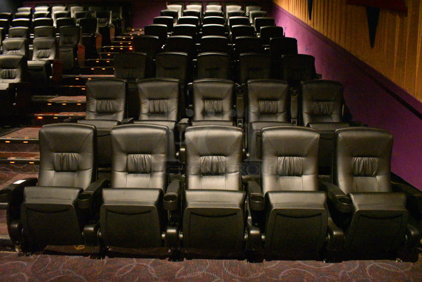 ALL ONE MONEY! Lot of One Row of 5 and One Row of 6 BRAND NEW Black Leather Style Cinema / Movie Theater Seats! (Total of 11 Seats) One Seat: 28x28x40. BUYER MUST REMOVE