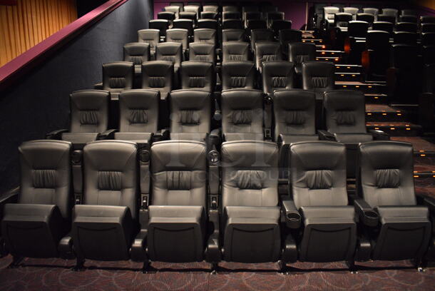 ALL ONE MONEY! Lot of Two Rows of 6 BRAND NEW Black Leather Style Cinema / Movie Theater Seats! (Total of 12 Seats) One Seat: 28x28x40. BUYER MUST REMOVE