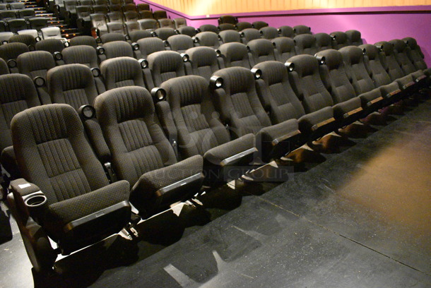 ALL ONE MONEY! Lot of One Row of 12 Gray Cinema / Movie Theater Seats! One Seat: 26x28x38. BUYER MUST REMOVE