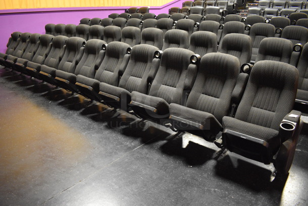 ALL ONE MONEY! Lot of One Row of 13 Gray Cinema / Movie Theater Seats! One Seat: 26x28x38. BUYER MUST REMOVE