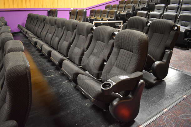 ALL ONE MONEY! Lot of One Row of 2 and One Row of 13 Gray Cinema / Movie Theater Seats! (Total of 15 Seats) One Seat: 26x28x38. BUYER MUST REMOVE