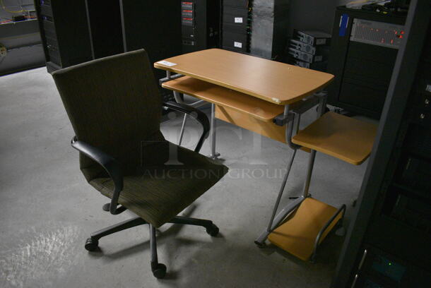 Wood Pattern Desk w/ Office Chair. 44x20x30, 23.5x20x33