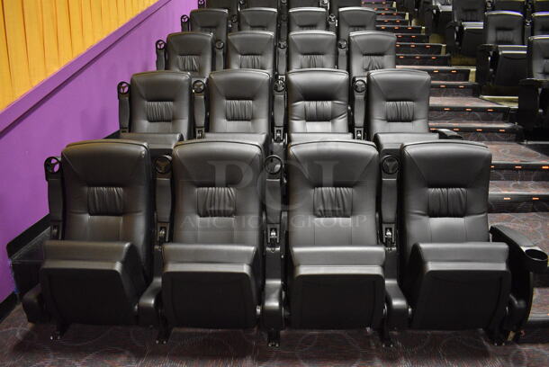 ALL ONE MONEY! Lot of Two Rows of 4 BRAND NEW Black Leather Style Cinema / Movie Theater Seats! (Total of 8 Seats) One Seat: 28x28x40. BUYER MUST REMOVE - Image 1 of 3