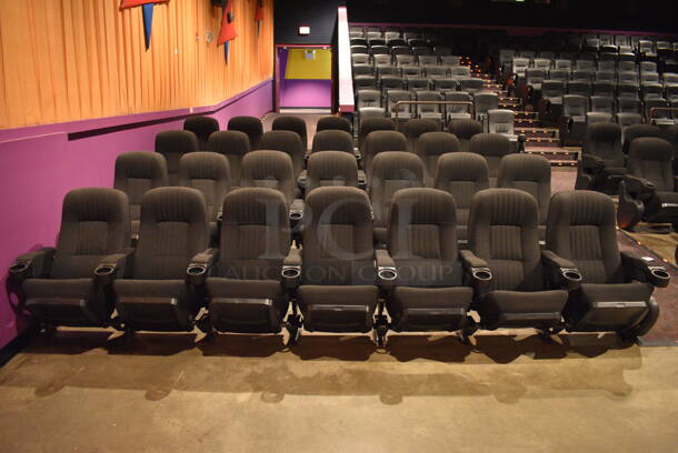 ALL ONE MONEY! Lot of One Row of 14 Gray Cinema / Movie Theater Seats! One Seat: 26x28x38. BUYER MUST REMOVE