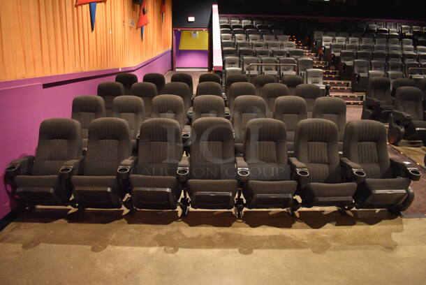 ALL ONE MONEY! Lot of One Row of 14 Gray Cinema / Movie Theater Seats! One Seat: 26x28x38. BUYER MUST REMOVE - Image 1 of 5