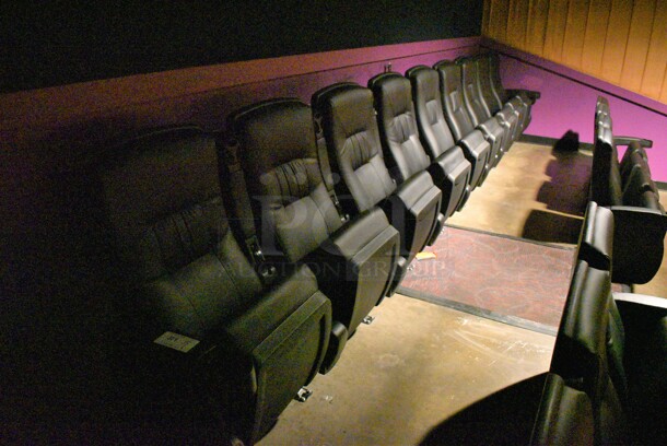 ALL ONE MONEY! Lot of One Row of 9 BRAND NEW Black Leather Style Cinema / Movie Theater Seats! One Seat: 28x28x40. BUYER MUST REMOVE - Image 1 of 1
