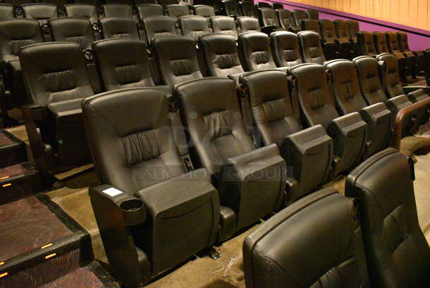 ALL ONE MONEY! Lot of Two Rows of 2 and One Rows of 7 BRAND NEW Black Leather Style Cinema / Movie Theater Seats! (Total of 11 Seats) One Seat: 28x28x40. BUYER MUST REMOVE