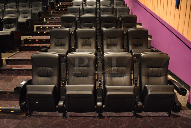 ALL ONE MONEY! Lot of Two Rows of 4 BRAND NEW Black Leather Style Cinema / Movie Theater Seats! (Total of 8 Seats) One Seat: 28x28x40. BUYER MUST REMOVE - Image 1 of 4