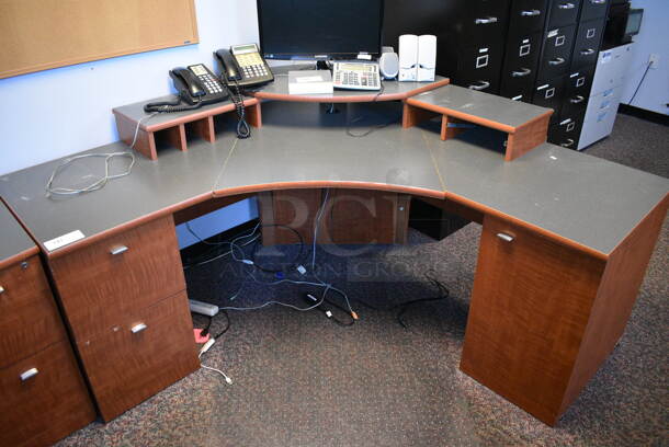Wood Pattern Desk w/ 2 Drawers. Does Not Come w/ Contents. 67x67x35 - Image 1 of 5