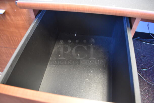 Wood Pattern Desk w/ 2 Drawers. Does Not Come w/ Contents. 67x67x35 - Image 4 of 5