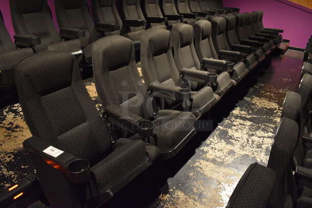 ALL ONE MONEY! Lot of One Row of 11 Gray Cinema / Movie Theater Seats! One Seat: 26x28x38. BUYER MUST REMOVE
