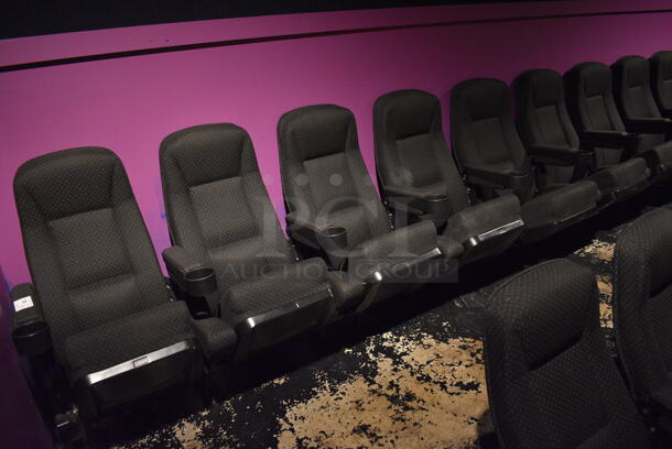 ALL ONE MONEY! Lot of One Row of 14 Gray Cinema / Movie Theater Seats! One Seat: 26x28x38. BUYER MUST REMOVE - Image 1 of 2