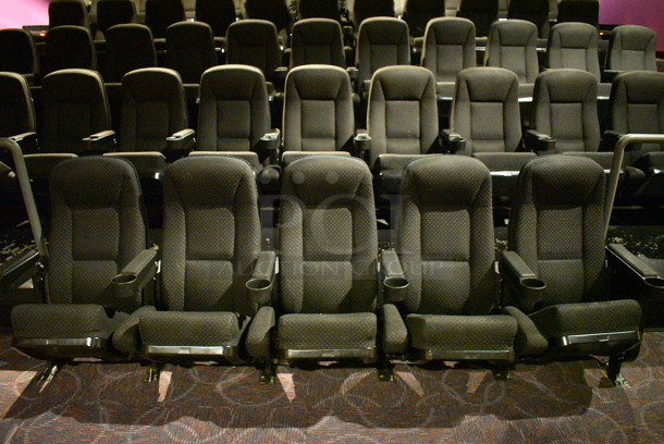 ALL ONE MONEY! Lot of One Row of 5 and One Row of 11 Gray Cinema / Movie Theater Seats! (Total of 16 Seats) One Seat: 26x28x38. BUYER MUST REMOVE