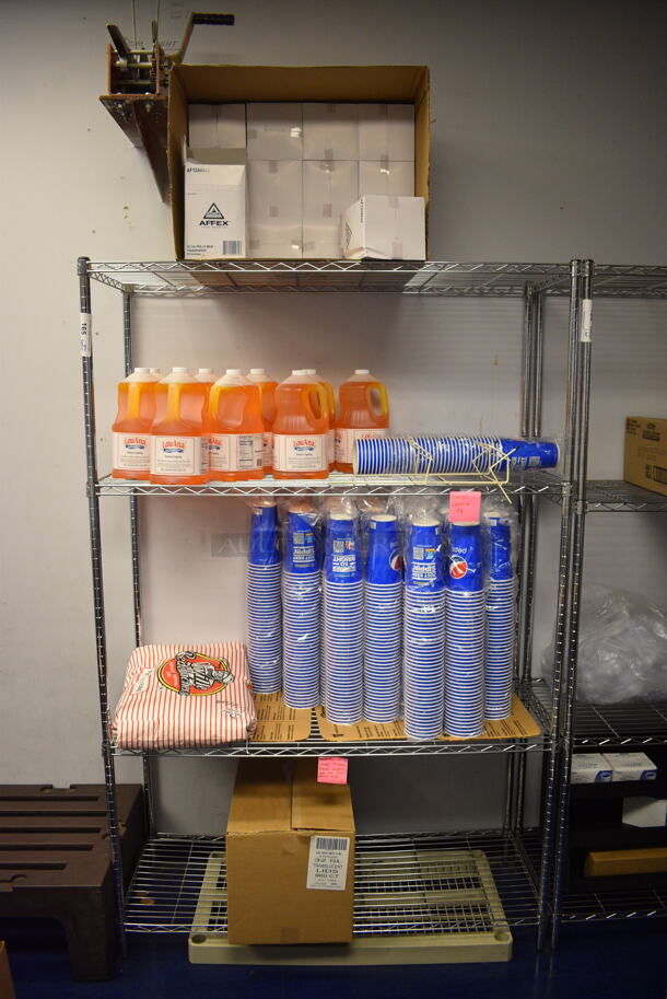 Chrome Finish 4 Tier Metro Style Shelving Unit w/ Contents!! 48x18x74. BUYER MUST DISMANTLE. PCI CANNOT  DISMANTLE FOR SHIPPING. PLEASE CONSIDER FREIGHT CHARGES. - Image 1 of 5