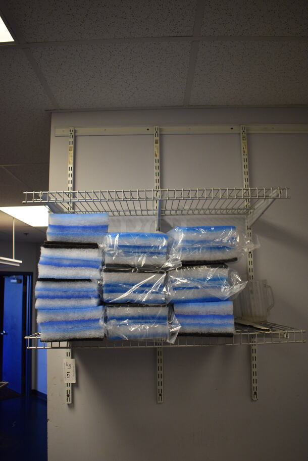 White Wall Mount 2 Tier Shelf w/ Contents. 36x17x49. BUYER MUST REMOVE - Image 1 of 3