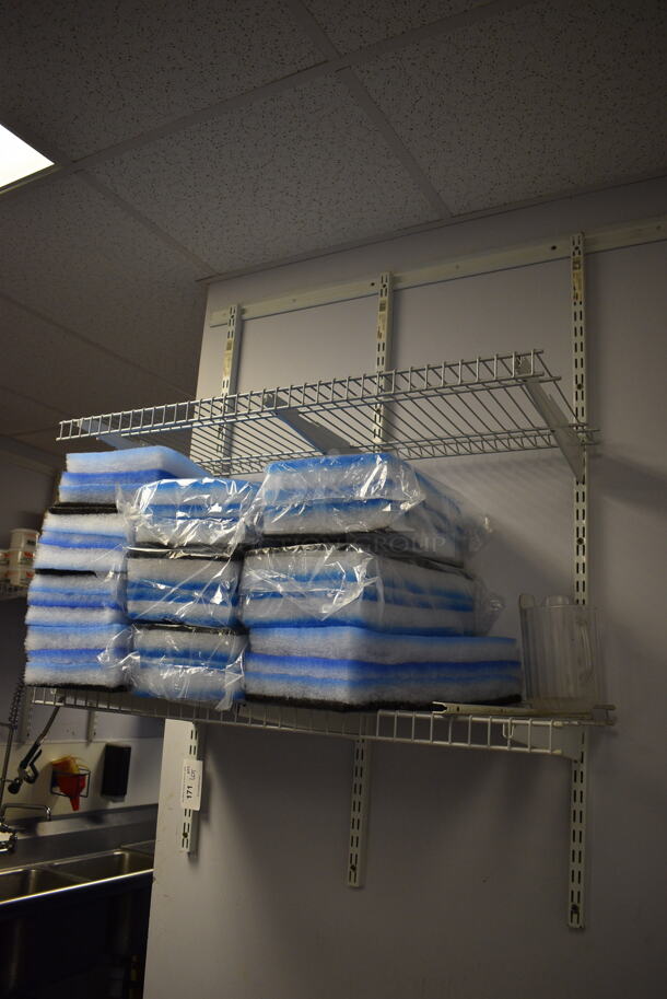 White Wall Mount 2 Tier Shelf w/ Contents. 36x17x49. BUYER MUST REMOVE - Image 2 of 3