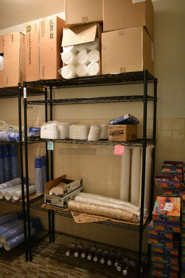 ALL ONE MONEY! Lot of Black 5 Tier Metro Style Shelving Unit w/ Contents! 48x18x74. BUYER MUST DISMANTLE. PCI CANNOT  DISMANTLE FOR SHIPPING. PLEASE CONSIDER FREIGHT CHARGES. - Image 1 of 4