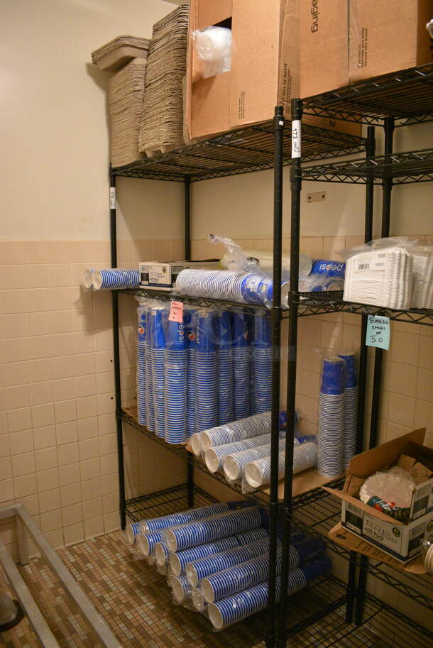 ALL ONE MONEY! Lot of Black 4 Tier Metro Style Shelving Unit w/ Contents! 48x18x74. BUYER MUST DISMANTLE. PCI CANNOT  DISMANTLE FOR SHIPPING. PLEASE CONSIDER FREIGHT CHARGES.