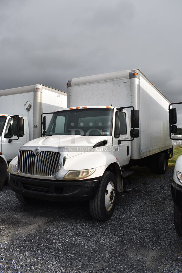 2005 International Model 4200 SBA 4X2 26' Box Truck w/ Fold Out Aluminum Liftgate, 2 Etrack Strapping Rails and Instruction Manual. VIN 1HTMPAFL36H219889. Odometer Reads 265,783. Vehicle Runs and Drives! Title Is Free and Clear. See Lots 2-3 For Additional Pictures!