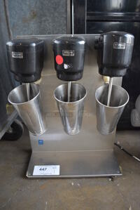 NICE! Waring Stainless Steel Commercial Countertop 3 Head Milkshake Mixer w/ 3 Stainless Steel Cups. 14.5x7.5x20. Tested and Working!