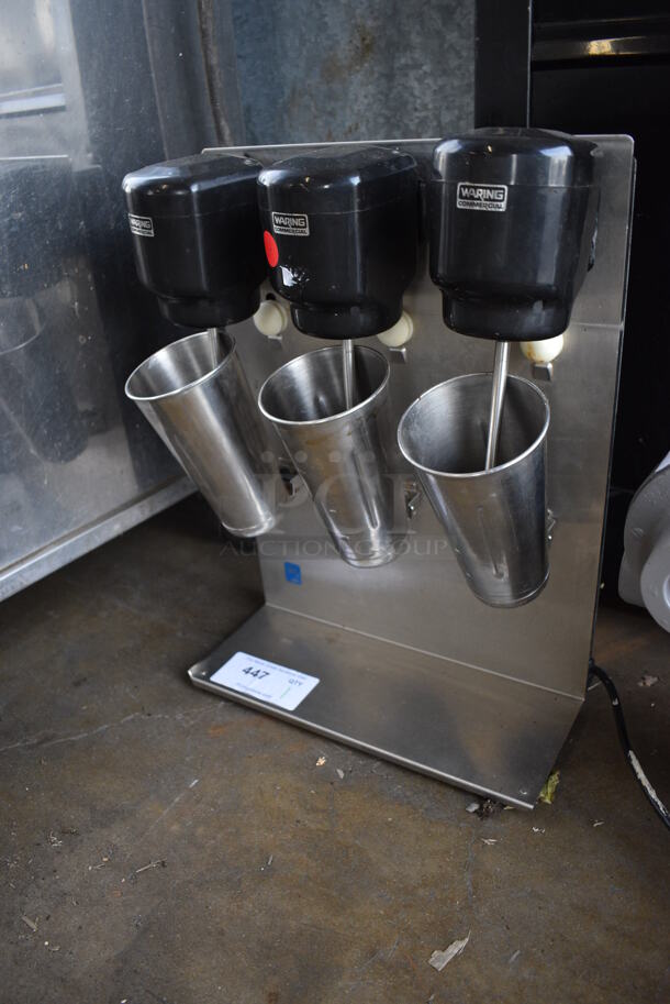 NICE! Waring Stainless Steel Commercial Countertop 3 Head Milkshake Mixer w/ 3 Stainless Steel Cups. 14.5x7.5x20. Tested and Working! - Image 2 of 7