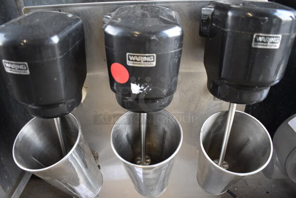 NICE! Waring Stainless Steel Commercial Countertop 3 Head Milkshake Mixer w/ 3 Stainless Steel Cups. 14.5x7.5x20. Tested and Working! - Image 3 of 7