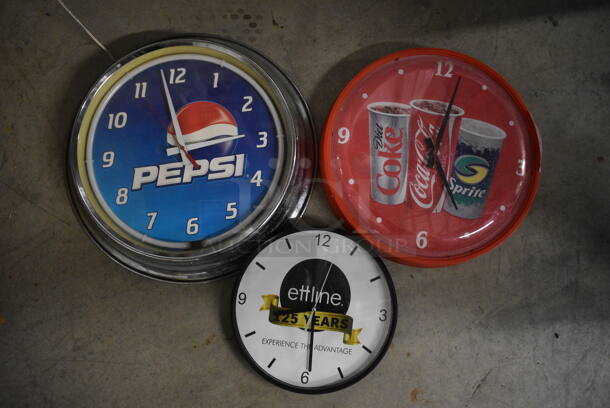 3 Various Clocks; Pepsi, Diet Coke / Coke / Sprite and Ettline. Includes 17x3x17. 3 Times Your Bid!