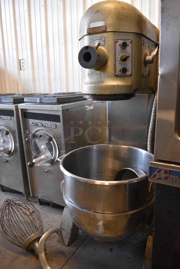Hobart Model L800 Commercial Floor Style 80 Quart Mixer w/Stainless Steel Mixing Bowl and Dough Hook, Whisk, and Beater Paddle Attachments. Planetary Drive Shaft Needs Repaired. 220 Volt, 3 Phase. 29x41x56. - Image 2 of 11