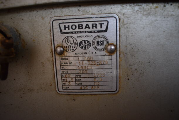 Hobart Model L800 Commercial Floor Style 80 Quart Mixer w/Stainless Steel Mixing Bowl and Dough Hook, Whisk, and Beater Paddle Attachments. Planetary Drive Shaft Needs Repaired. 220 Volt, 3 Phase. 29x41x56. - Image 8 of 11