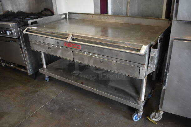 BEAUTIFUL! Vulcan Stainless Steel Commercial Flat Top Griddle w/ Thermostatic Controls and Metal Undershelf on Commercial Casters. 65x35x37 - Image 3 of 6