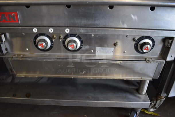 BEAUTIFUL! Vulcan Stainless Steel Commercial Flat Top Griddle w/ Thermostatic Controls and Metal Undershelf on Commercial Casters. 65x35x37 - Image 6 of 6