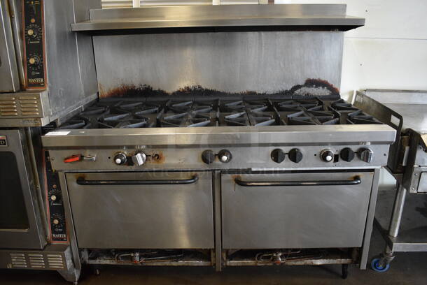 GREAT! Stainless Steel Commercial Gas Powered 10 Burner Range w/ 2 Lower Ovens and Stainless Steel Overshelf. 61x34x59 - Image 1 of 6