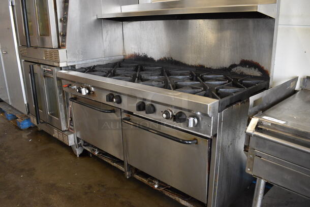 GREAT! Stainless Steel Commercial Gas Powered 10 Burner Range w/ 2 Lower Ovens and Stainless Steel Overshelf. 61x34x59 - Image 3 of 6