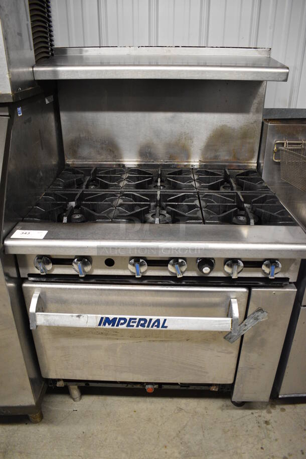 WOW! Imperial Stainless Steel Commercial Gas Powered 6 Burner Range w/ Lower Oven and Stainless Steel Overshelf. 36x32x57