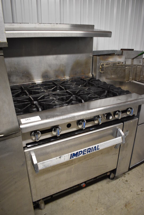 WOW! Imperial Stainless Steel Commercial Gas Powered 6 Burner Range w/ Lower Oven and Stainless Steel Overshelf. 36x32x57 - Image 2 of 6