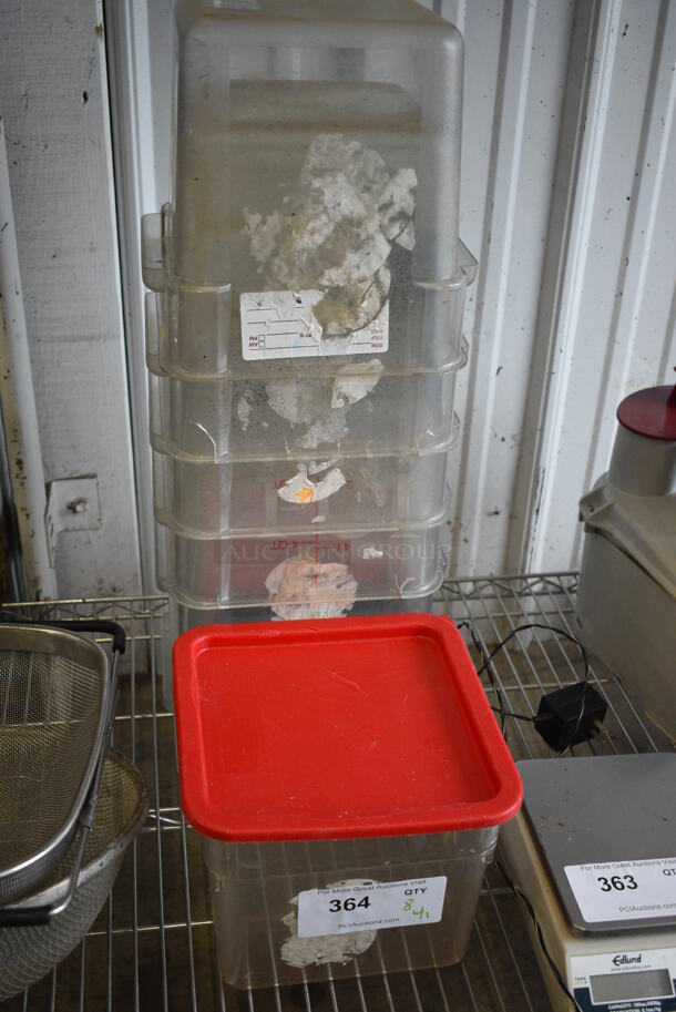 8 Clear Poly Containers w/ 1 Red Lid. 8.5x8.5x7, 8.5x8.5x9. 8 Times Your Bid!