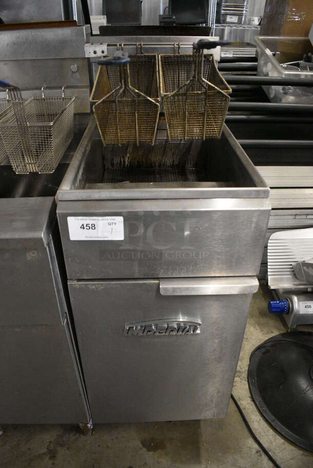 NICE! Imperial Model IFS-40 Stainless Steel Commercial Natural Gas Powered Deep Fat Fryer w/ 2 Metal Fry Baskets. 105,000 BTU. 15.5x31x46